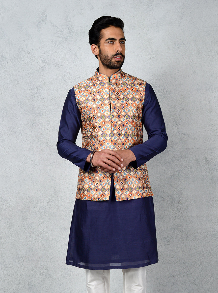 Stylish Leaf Floral Bandhgala jacket made from tussar silk, perfect for making a statement at weddings and traditional events.