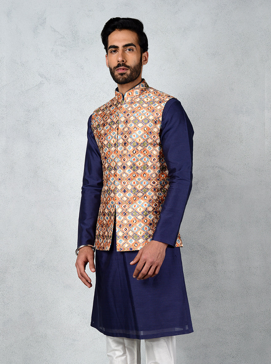 Capture attention with this floral Bandhgala jacket, showcasing intricate resham work for a sophisticated festive outfit.