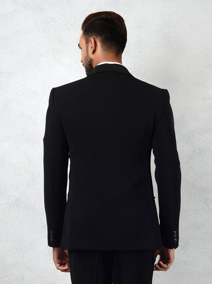 Imported classic black suit with chic lapel embroidery, perfect for formal wear, offering sophistication and style for any event.