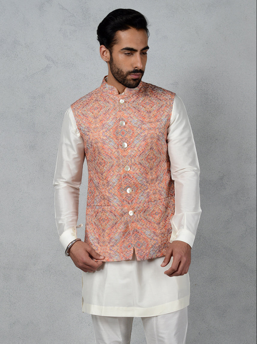 Multicolor silk blend waistcoat with a sophisticated design, perfect for enhancing any traditional outfit.