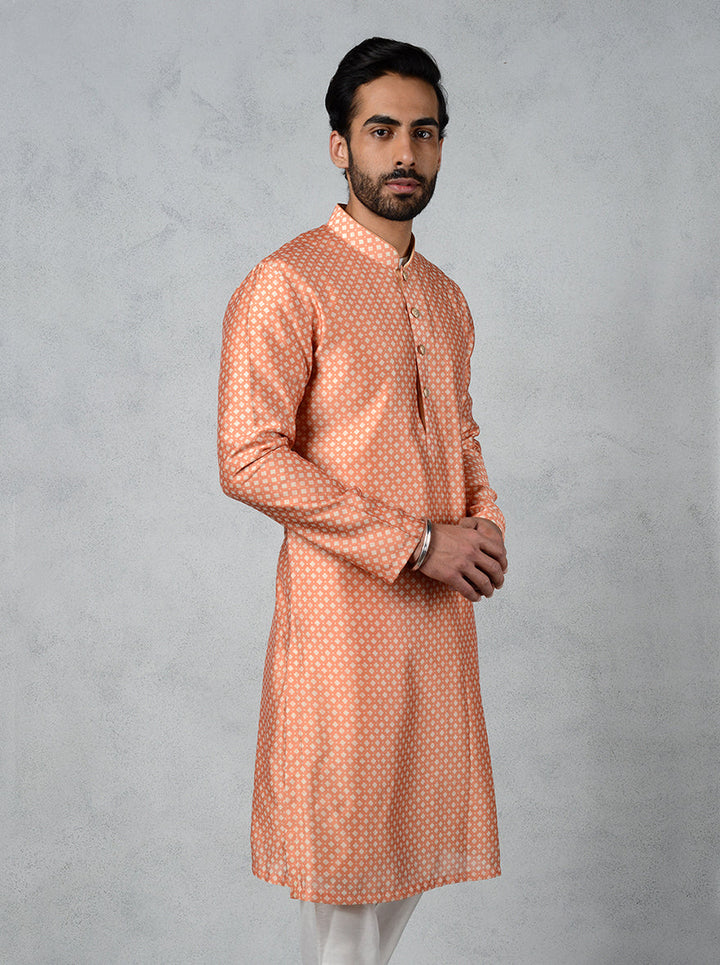 USA men’s regal muga silk kurta pajama with mandarin collar for festive gatherings.