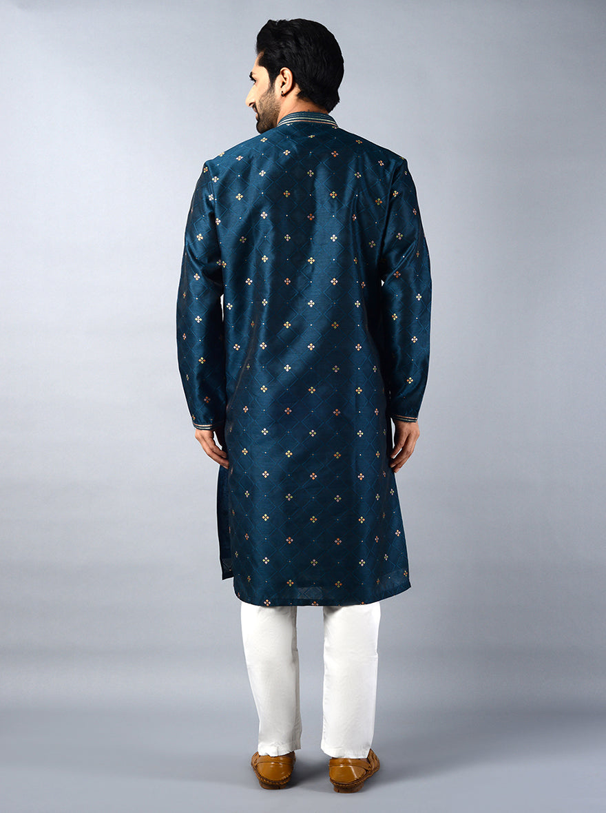 Experience luxury with this stylish navy blue jacquard silk kurta set for special occasions.