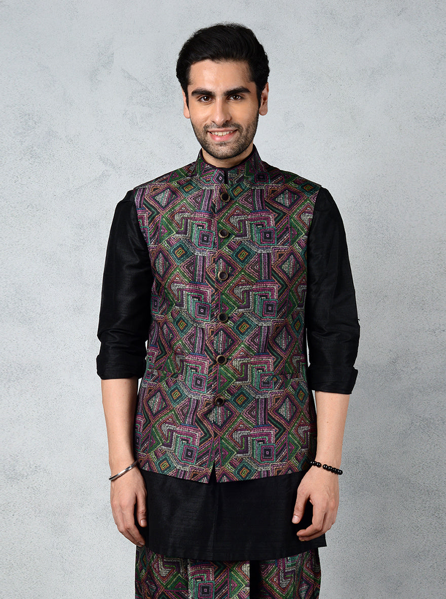 Designer bandhgala jacket showcasing vibrant geometric prints, ideal for Jodhpuri dress occasions.