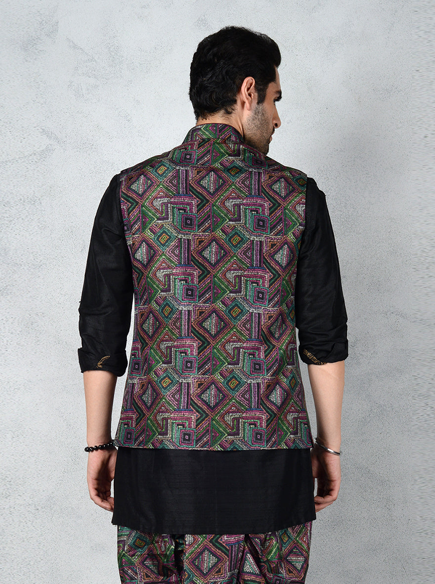 Trendy multi-color bandhgala jacket with purple geometric prints, perfect for any formal or festive event.