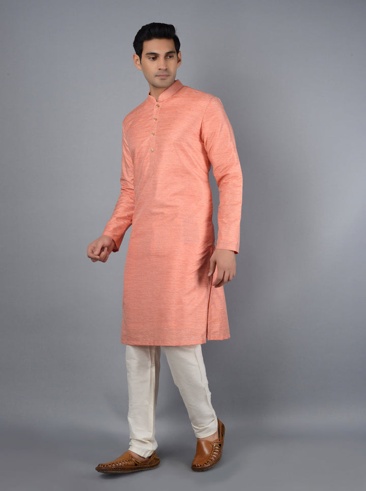 Luxurious Peach Kurta Set for weddings, featuring a silk blend fabric for a sophisticated look in the USA.