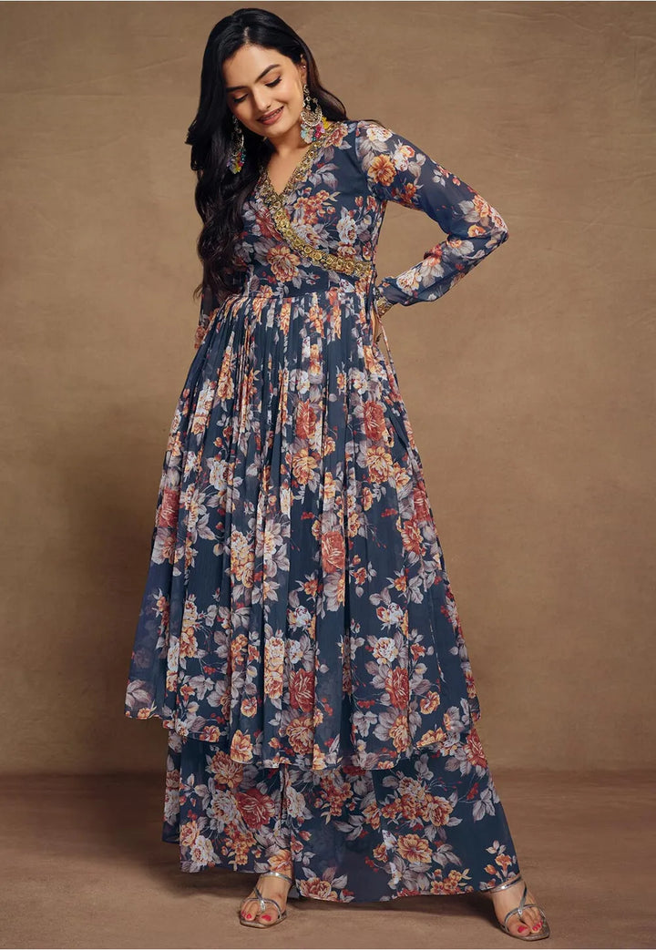 Readymade Faux Chiffon Pakistani Suit in Navy Blue | Digital Print & Zari Work