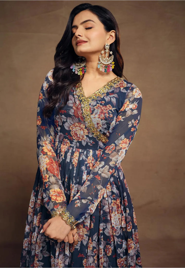 Readymade Faux Chiffon Pakistani Suit in Navy Blue | Digital Print & Zari Work