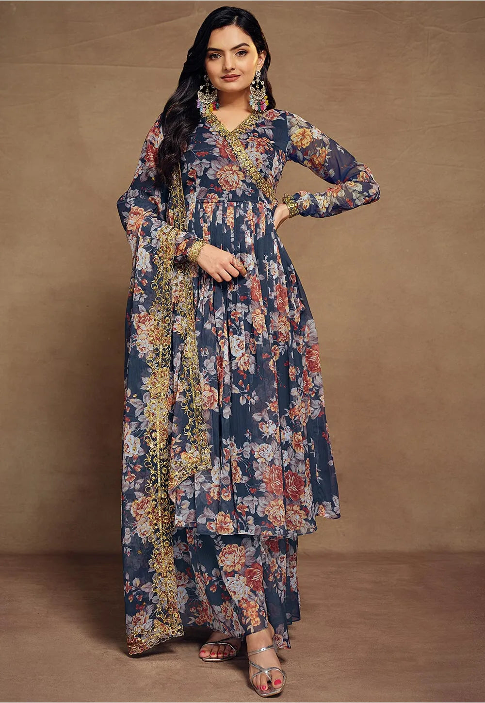 Readymade Faux Chiffon Pakistani Suit in Navy Blue | Digital Print & Zari Work