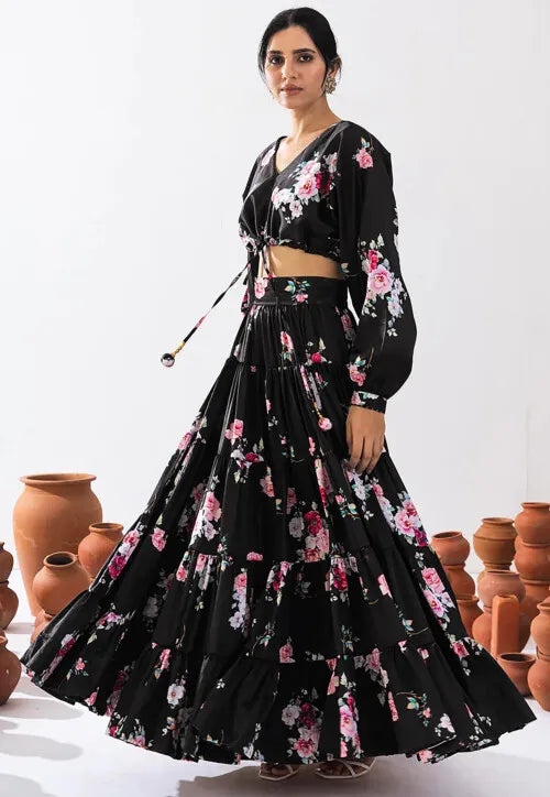 Black Designer Lehenga | Floral Printed Lehenga for Wedding