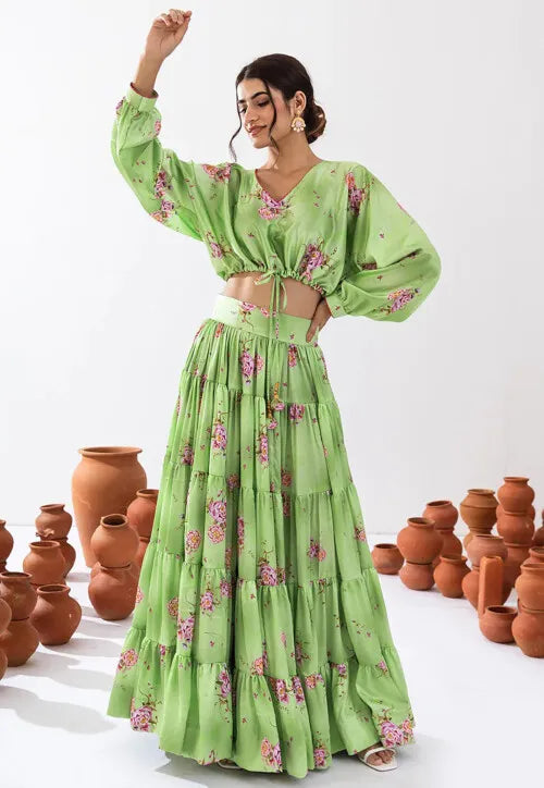 Elegant Pista Green Lehenga | Designer Floral Printed Lehenga Choli