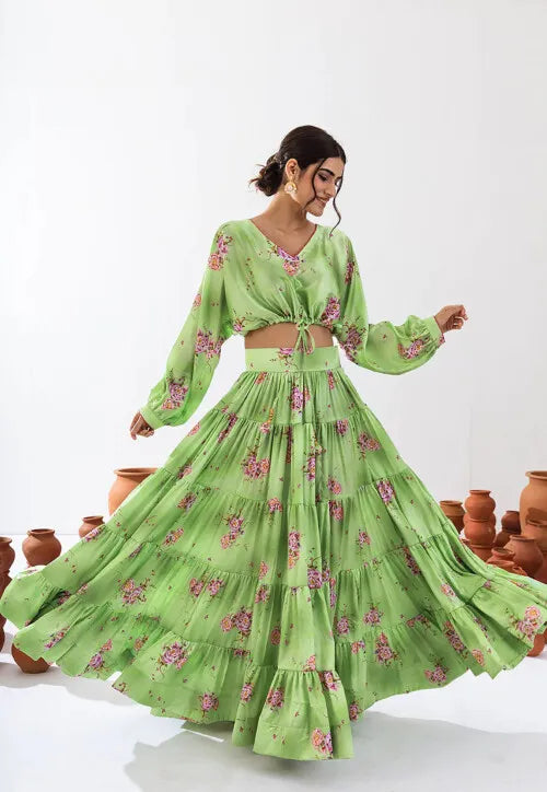 Elegant Pista Green Lehenga | Designer Floral Printed Lehenga Choli