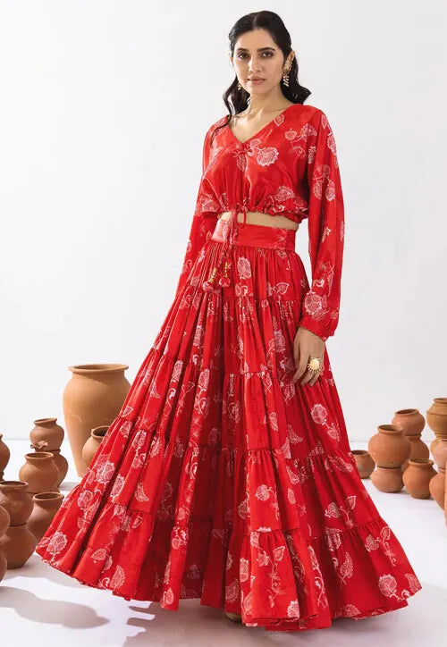 Designer Red Party Wear Lehenga | Beautiful Crop Top Lehenga for Special Events