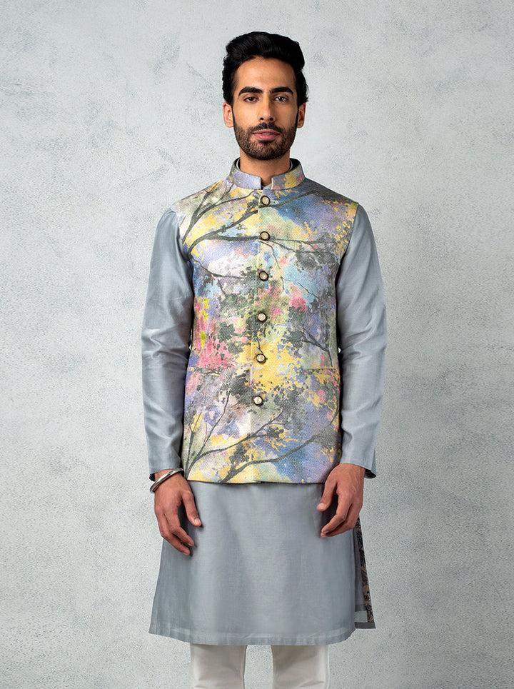 Mustard and grey bandhgala jacket made from semi-matka silk featuring elegant tree motifs, perfect for festive occasions.