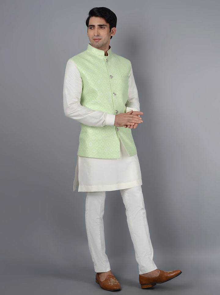 Pista Bandhgala jacket in jacquard fabric with self-design work, pockets, and a straight fit, perfect for wedding festivities and traditional celebrations.