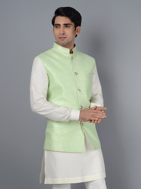 Designer Pista Green Nehru Jacket | Ideal for Modern Celebrations