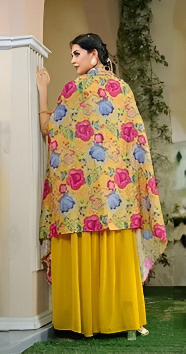 Comfortable yellow georgette tunic and palazzo set, perfect for summer events and parties.