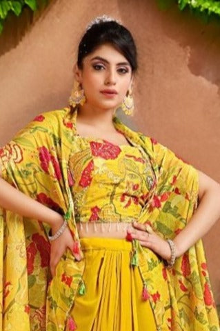 Stylish yellow floral crop top and lehenga set, ideal for adding a fresh and vibrant touch to your festive wardrobe.