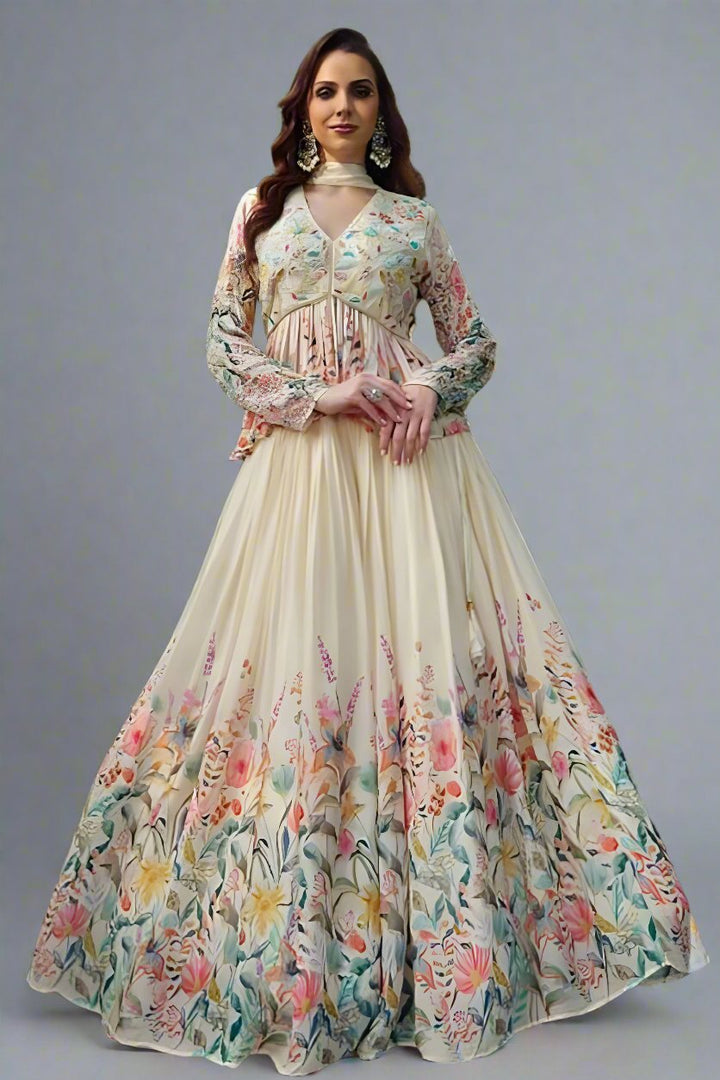 Elegant cream peplum skirt lehenga set featuring intricate gotta work, perfect for weddings and parties.