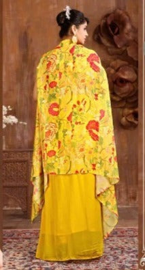 Trendy yellow floral delight crop top and lehenga set, designed for a stylish and cheerful celebration outfit.