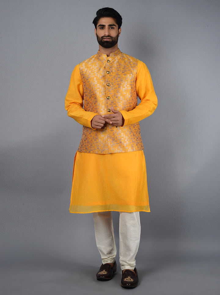 Elegant golden yellow Bandhgala jacket crafted for comfort, ideal for making a statement at special occasions.