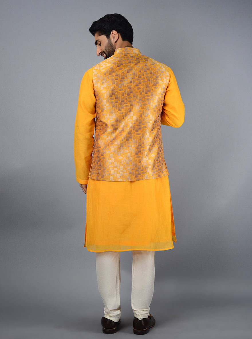 Bright golden yellow Bandhgala jacket, perfect for high-profile events, offering a sophisticated and elegant look.