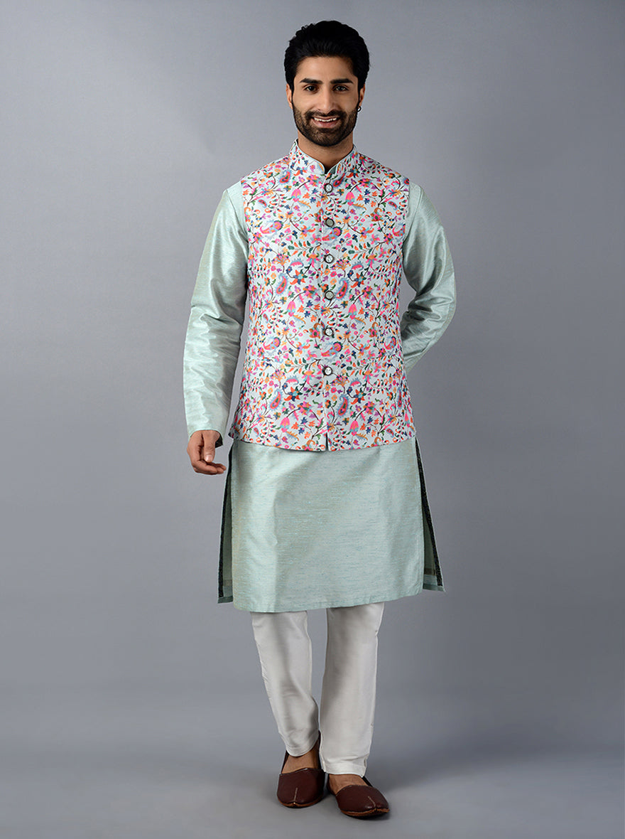 Elegant ice blue Bandhgala designed for comfort and style during festive celebrations.