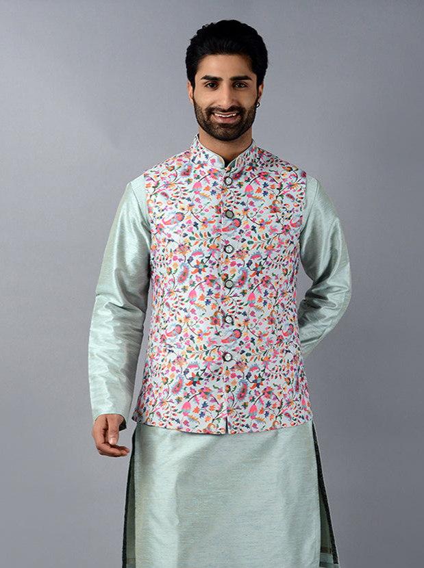 Elegant Ice Blue Bandhgala Jacket | Classic Look for Special Occasions