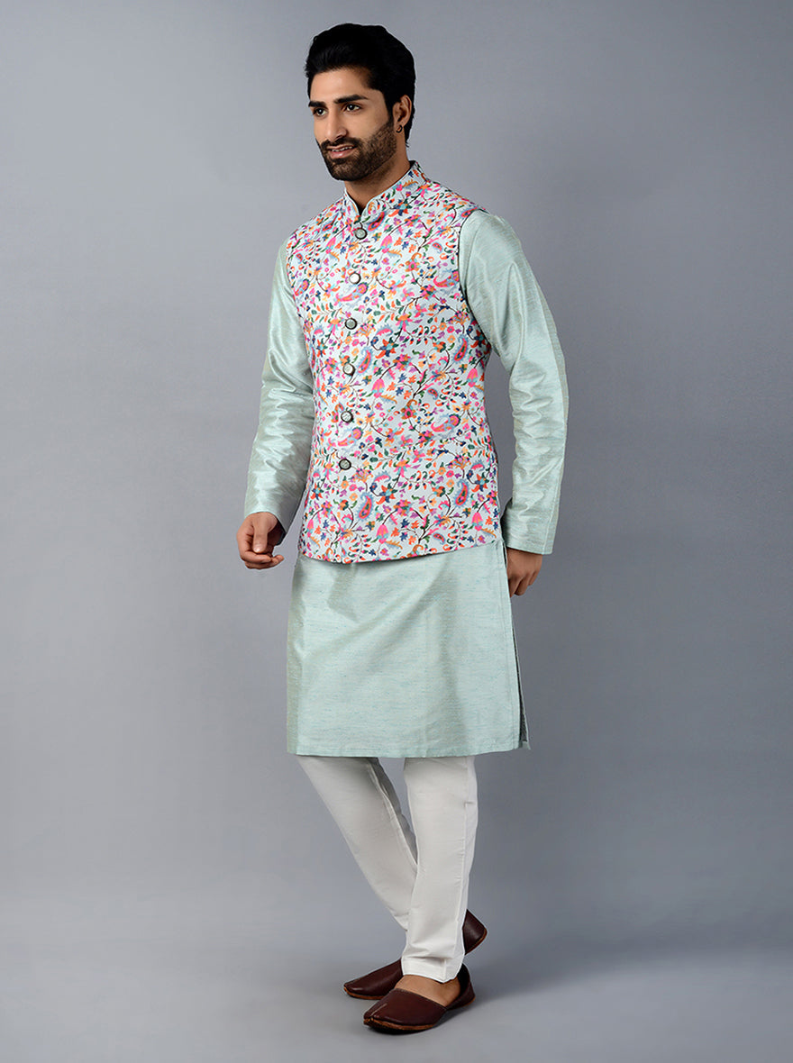 Lightweight ice blue Bandhgala jacket perfect for enhancing ethnic attire at any special occasion.