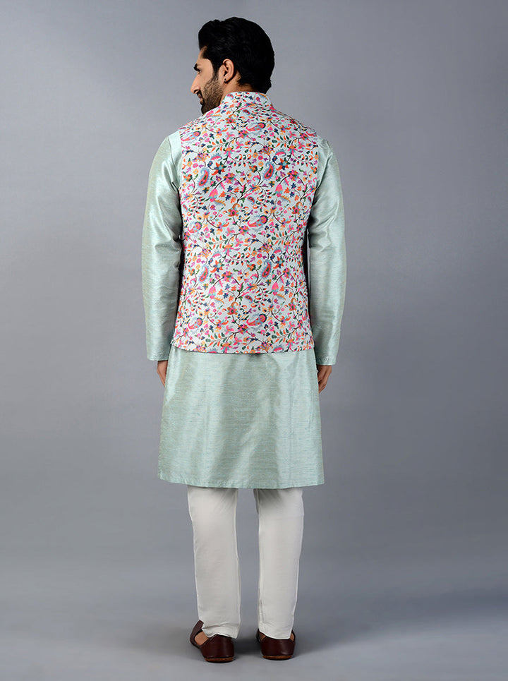 Wrinkle-resistant ice blue Nehru jacket with pockets, perfect for festive and traditional events.