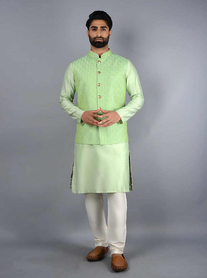 Luxurious green Bandhgala jacket providing a tailored fit, perfect for making a statement at any occasion.