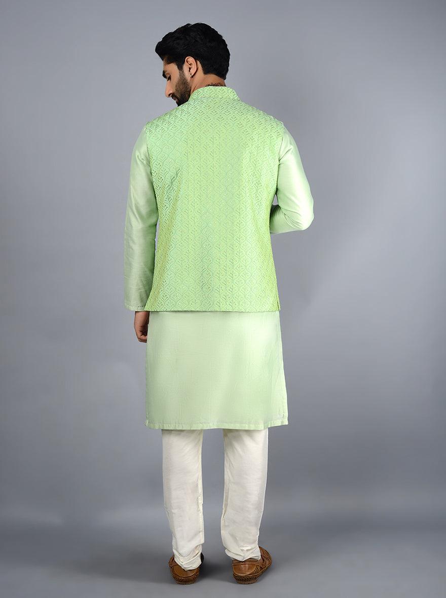 Fashion-forward green Bandhgala jacket offering a comfortable fit and stylish elegance for any celebration.