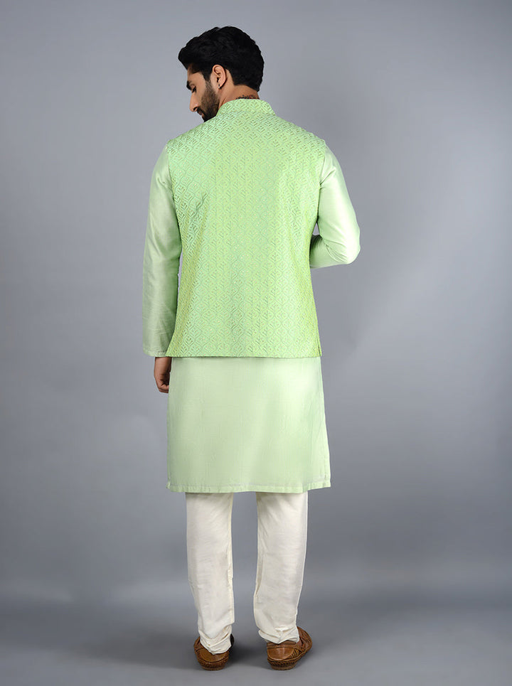 Fashion-forward green Bandhgala jacket offering a comfortable fit and stylish elegance for any celebration.