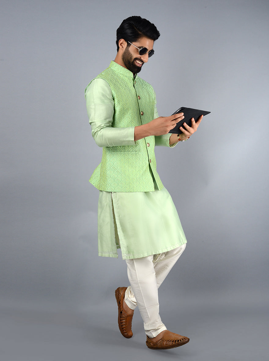 Contemporary green Bandhgala jacket made from silk blend, ideal for enhancing your appearance at events.