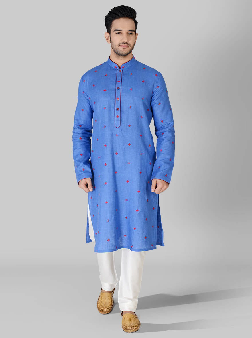 Unique light cobalt blue kurta pajama featuring butti work, designed for a standout look.