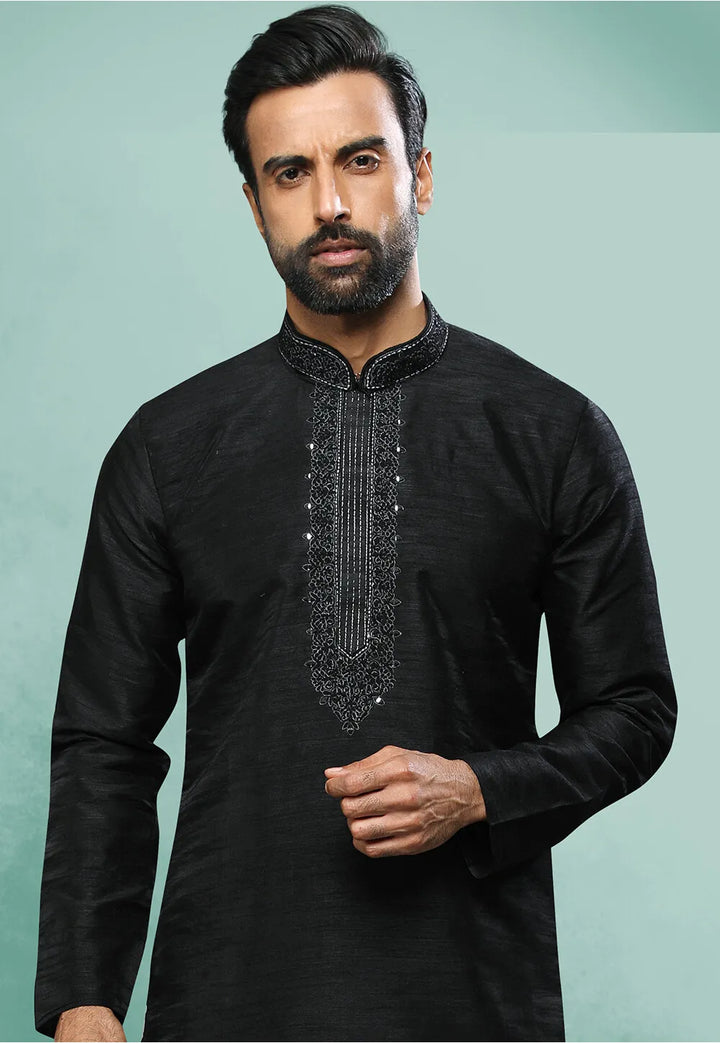 Modern Black Art Silk Kurta Pajama | Luxury Attire for Weddings & Special Moments