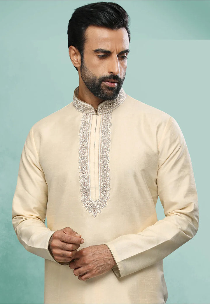 Cream Fashion Art Silk Premium Kurta Pajama | Exuding Royalty with Superior Fabric & Impeccable Craftsmanship