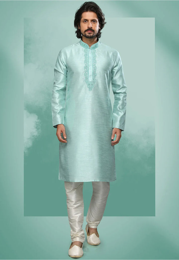 Light Pista Green Art Silk Premium Kurta Pajama | Handcrafted with Intricate Details for Timeless Appeal