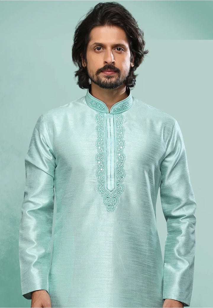 Light Pista Green Art Silk Premium Kurta Pajama | Handcrafted with Intricate Details for Timeless Appeal