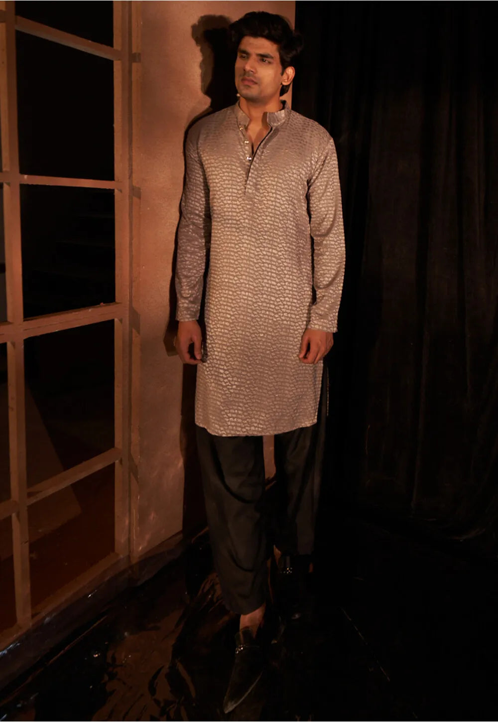 Indian Cultural Kurta Set | Elegant Light Mauve Viscose with Silk Pyjama