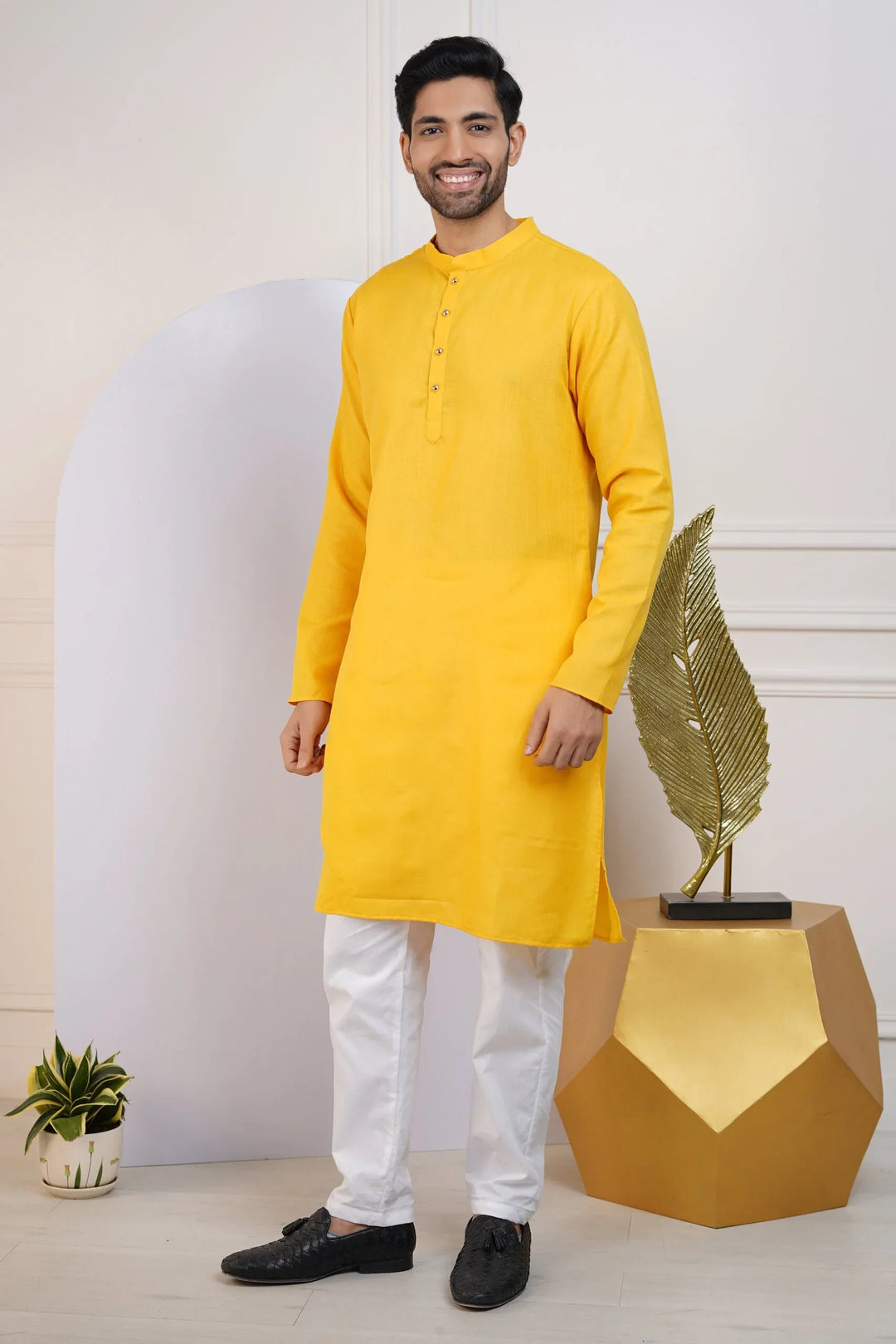 Sunshine Yellow Kurta and Crisp White Pyjama Set for Men