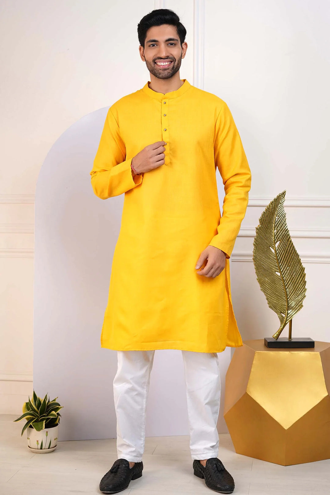 Sunshine Yellow Kurta and Crisp White Pyjama Set for Men