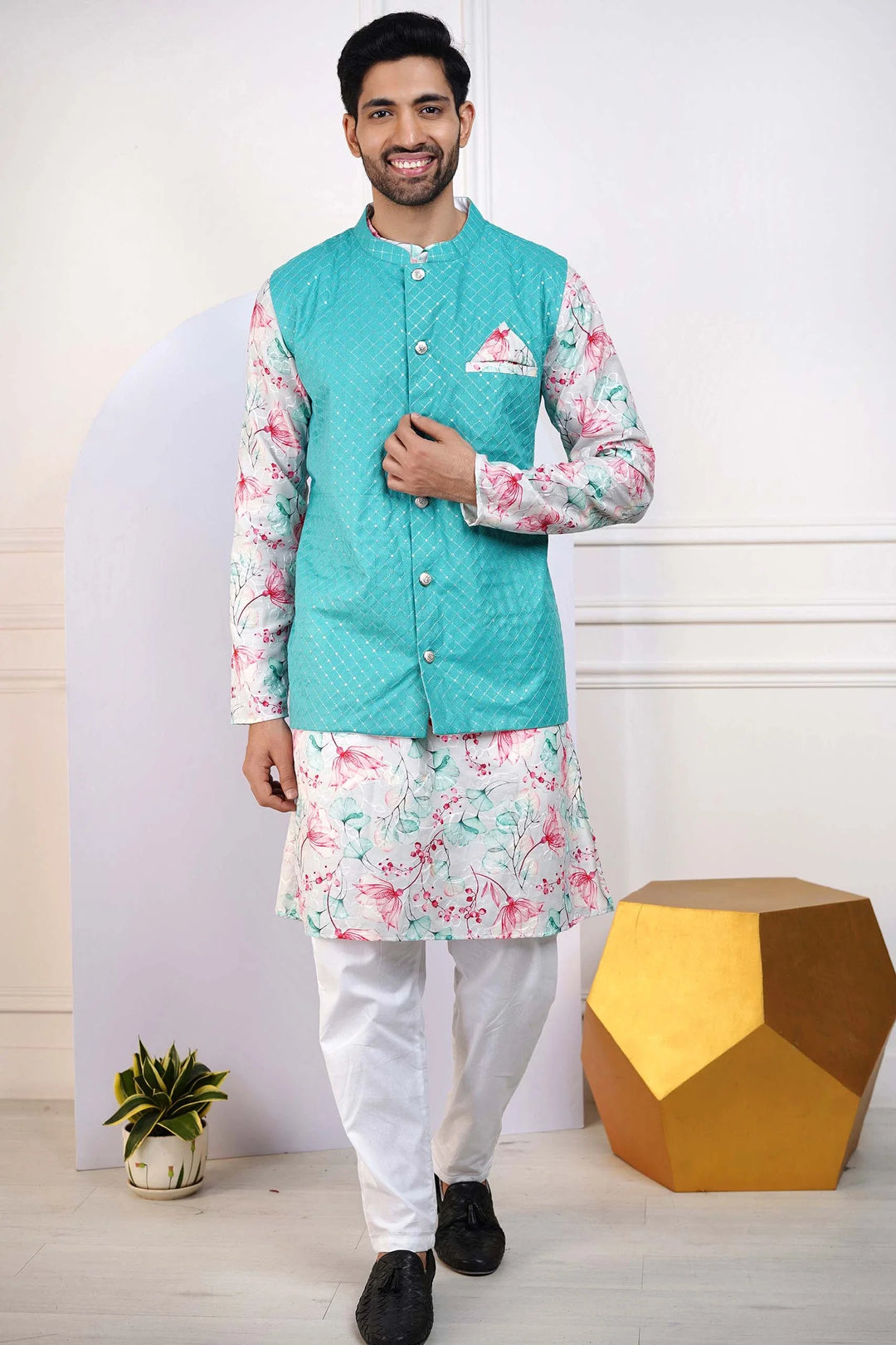 Teal Jacket with Floral Printed Kurta and White Pyjama for Men