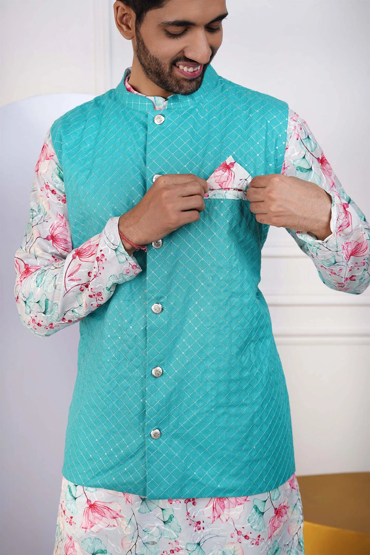 Teal Jacket with Floral Printed Kurta and White Pyjama for Men