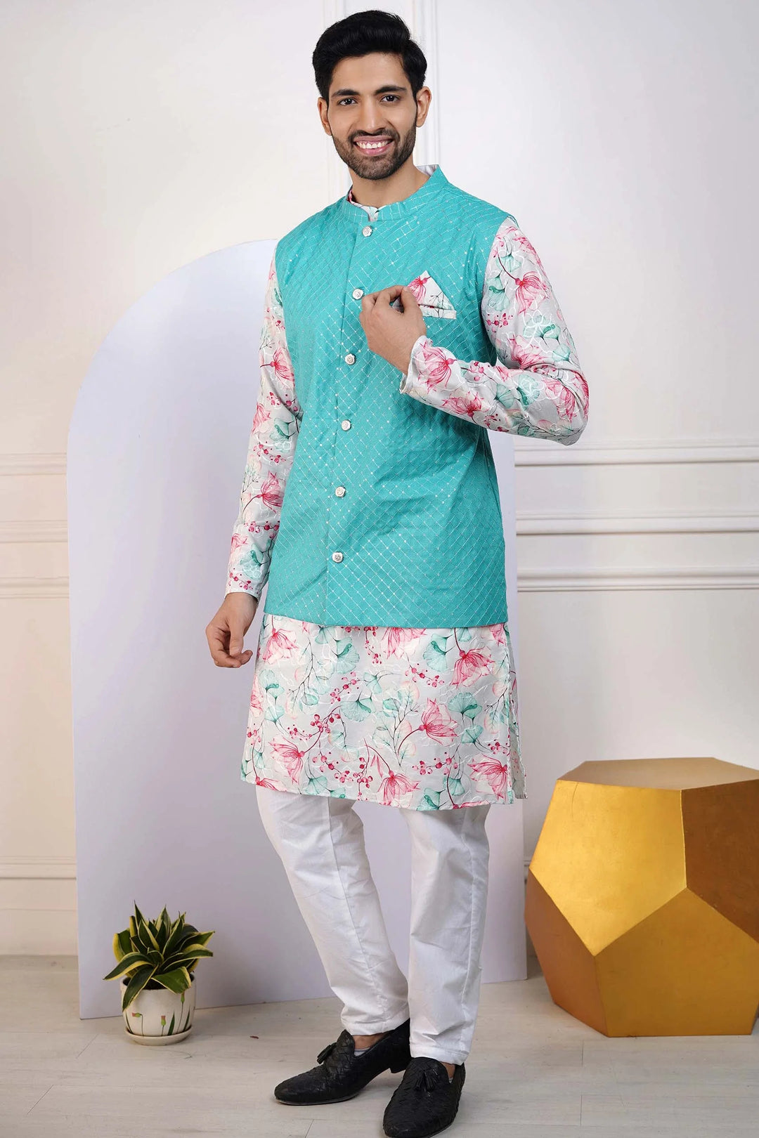 Teal Jacket with Floral Printed Kurta and White Pyjama for Men