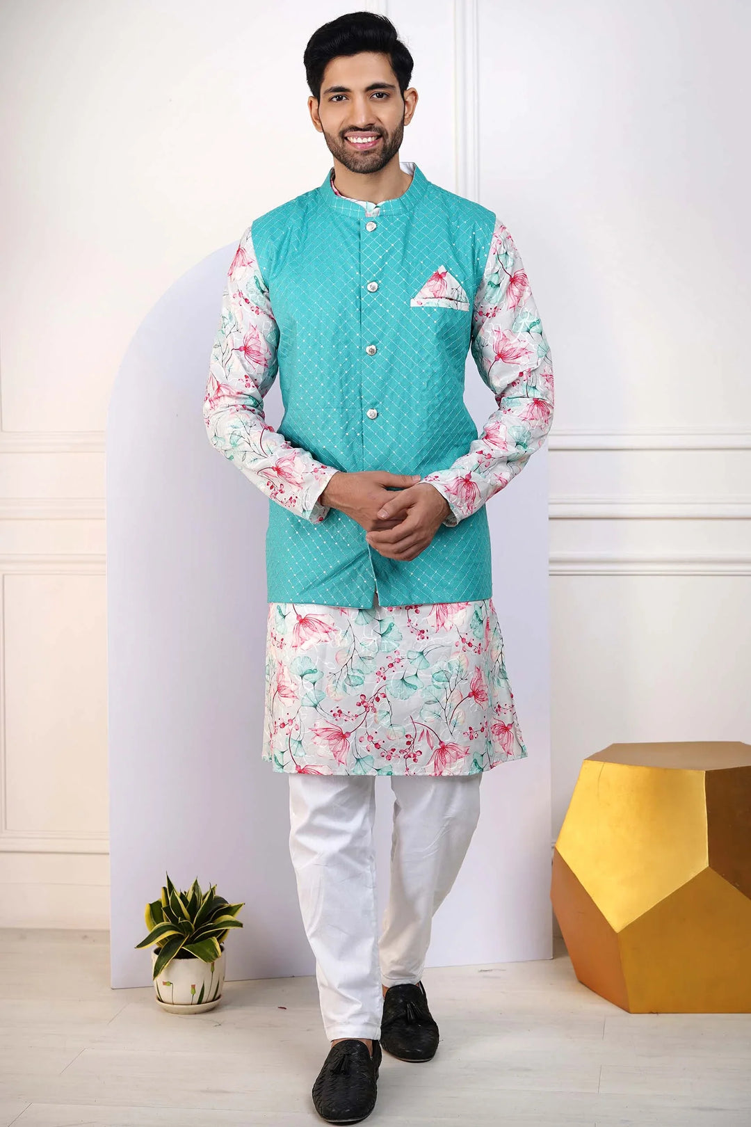 Teal Jacket with Floral Printed Kurta and White Pyjama for Men