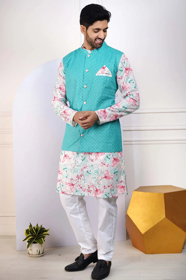 Teal Jacket with Floral Printed Kurta and White Pyjama for Men