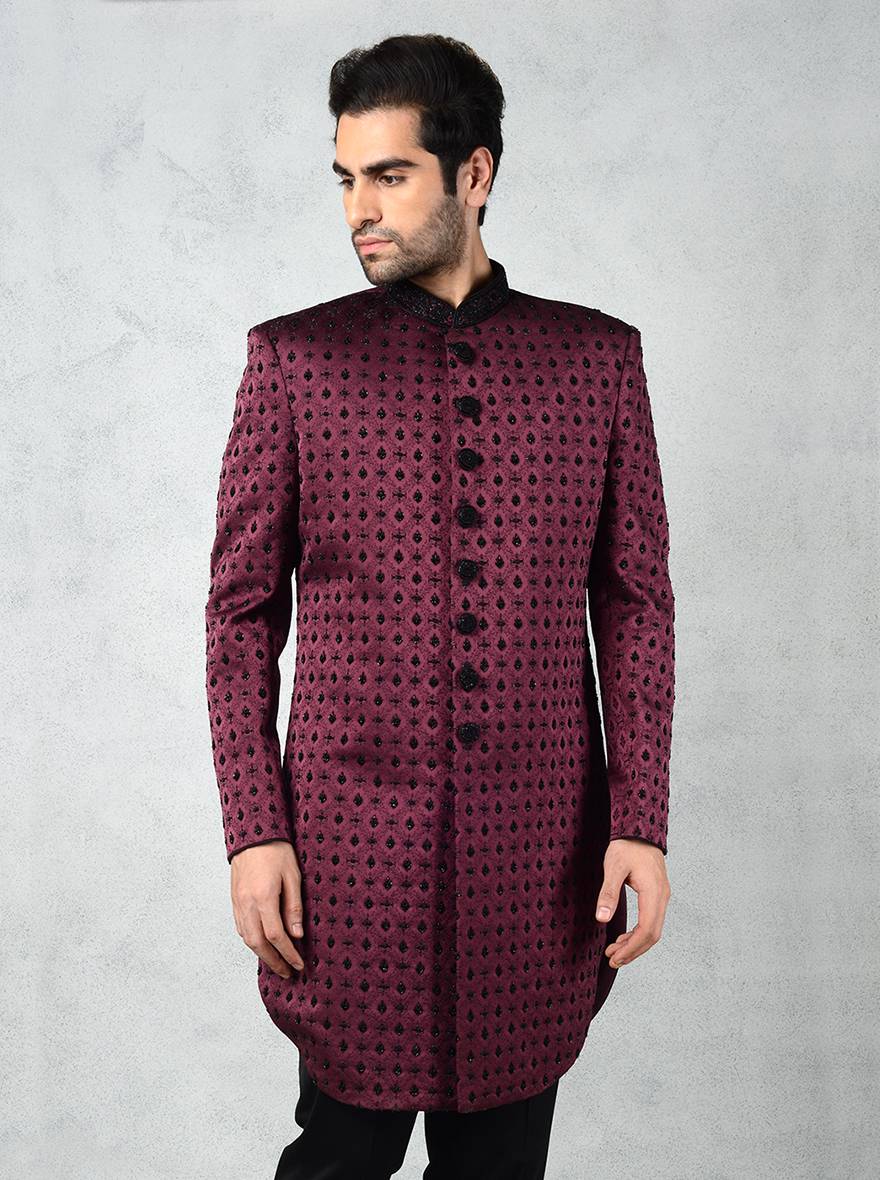 Premium wine Indo Western dress for men with mandarin collar and embroidered buttons.