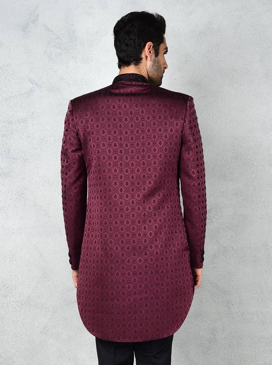 Wine Indo Western outfit for men with elegant jacquard pattern and curved hem.