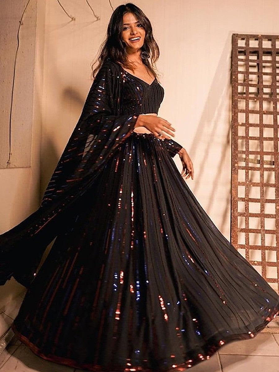 Black Sequin Georgette Lehenga Choli | Party Wear with Dupatta