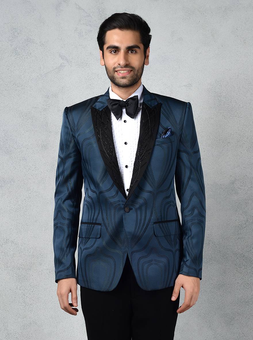 Classic blue suit with self-textured jacquard design for men, ideal for formal wear by JadeBlue.